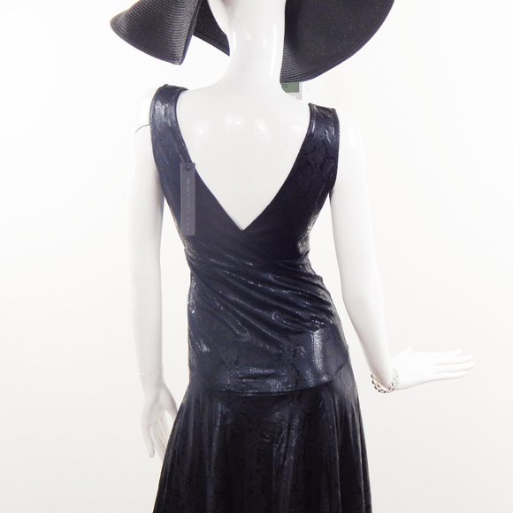 Maxi Dress Black ANIMAL SNAKE PRINT FOIL Sleeveless Slit V Neckline - Picture 4 of 9